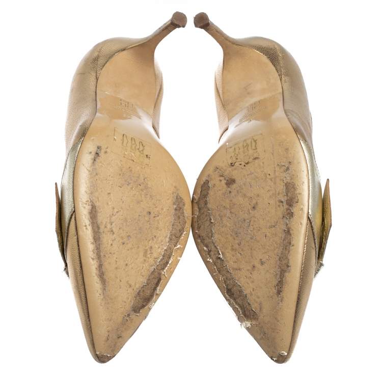 Pre Owned CH Carolina Herrera Metallic Gold/Silver Leather Bow Pumps Size 37
