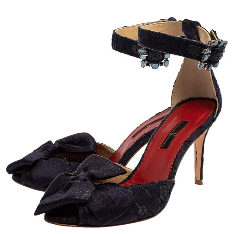Pre Owned Carolina Herrera Navy Blue Lace And Satin Bow Ankle Strap Sandals Size 38