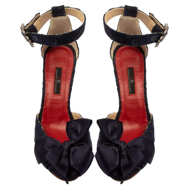 Pre Owned Carolina Herrera Navy Blue Lace And Satin Bow Ankle Strap Sandals Size 38