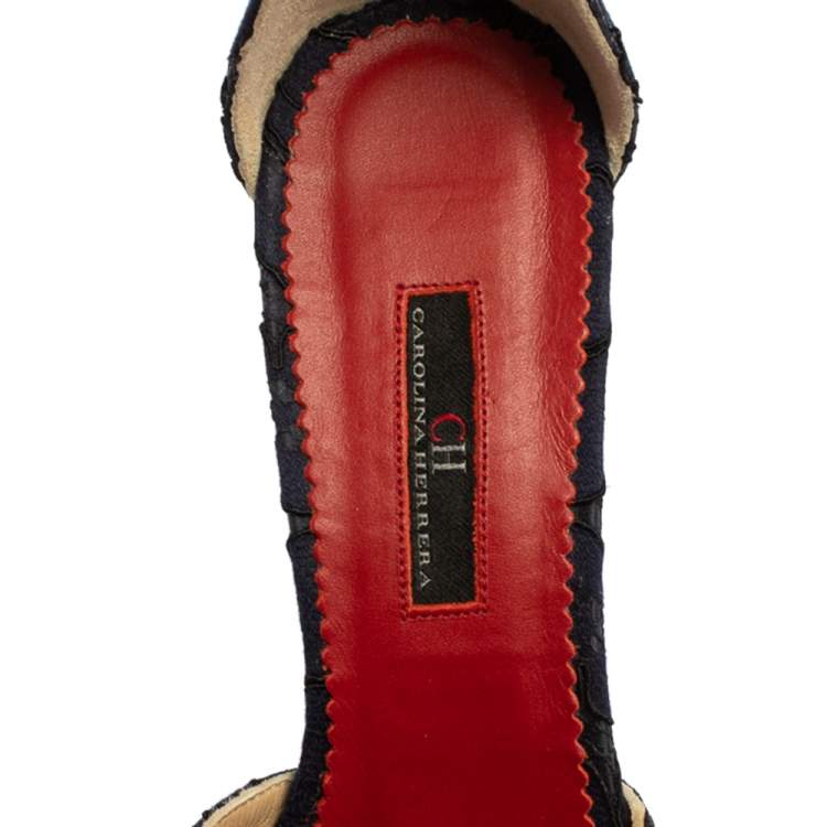 Pre Owned Carolina Herrera Navy Blue Lace And Satin Bow Ankle Strap Sandals Size 38