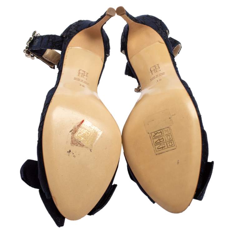 Pre Owned Carolina Herrera Navy Blue Lace And Satin Bow Ankle Strap Sandals Size 38