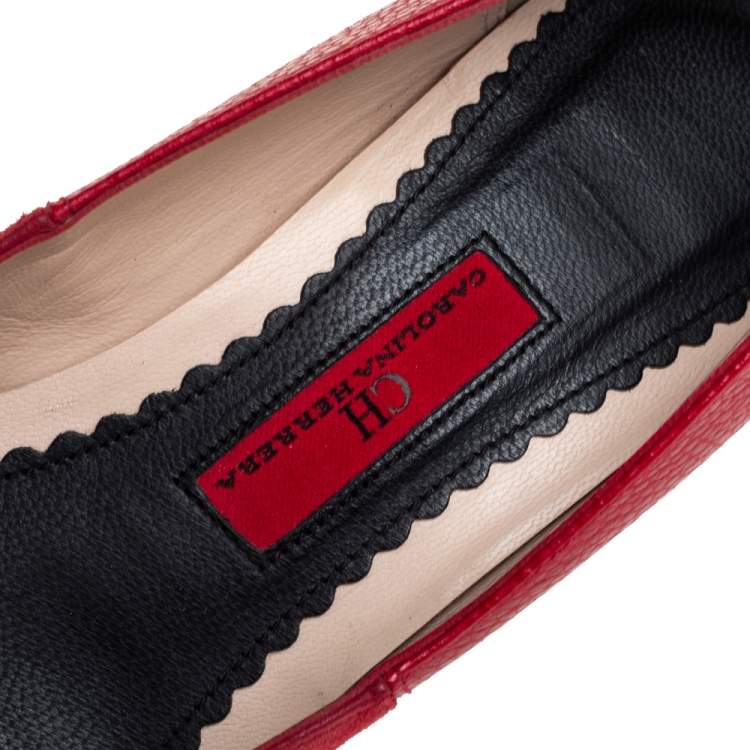 Pre Owned CH Carolina Herrera Red Leather and Suede Bow Pumps Size 37