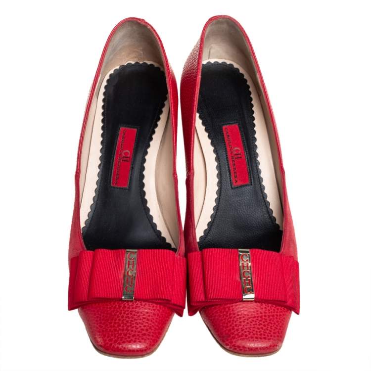 Pre Owned CH Carolina Herrera Red Leather and Suede Bow Pumps Size 37