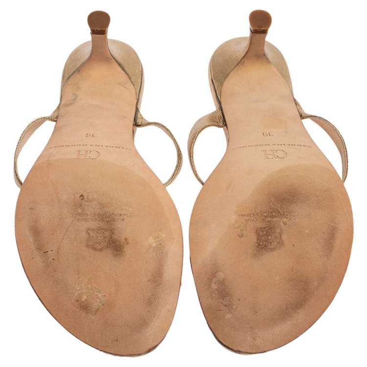 Pre Owned Carolina Herrera Gold Leather Logo Embellished Thong Sandals Size 39