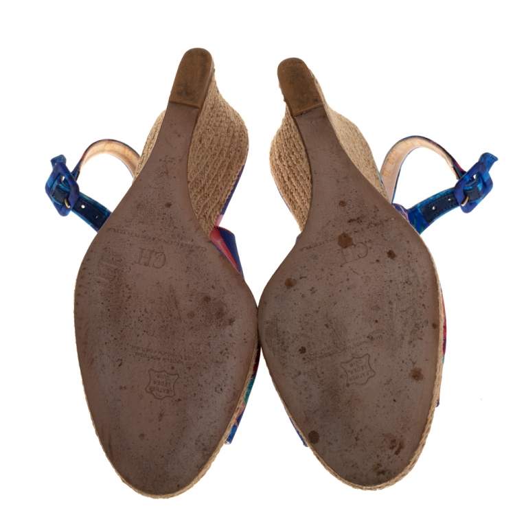 Pre Owned Carolina Herrera Blue Printed Satin Wedge Espadrille Slingback Sandals Size 39