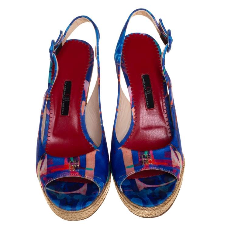 Pre Owned Carolina Herrera Blue Printed Satin Wedge Espadrille Slingback Sandals Size 39