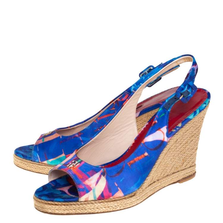 Pre Owned Carolina Herrera Blue Printed Satin Wedge Espadrille Slingback Sandals Size 39