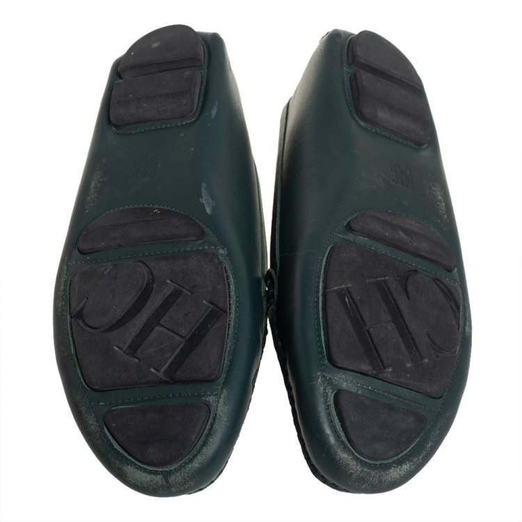 Pre Owned Carolina Herrera Green Leather Logo Detail Slip On Loafers Size 41