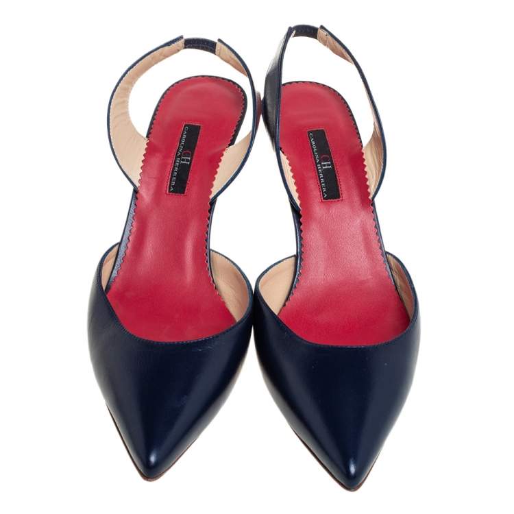 Pre Owned Carolina Herrera Navy Blue Leather Slingback Pumps Size 41