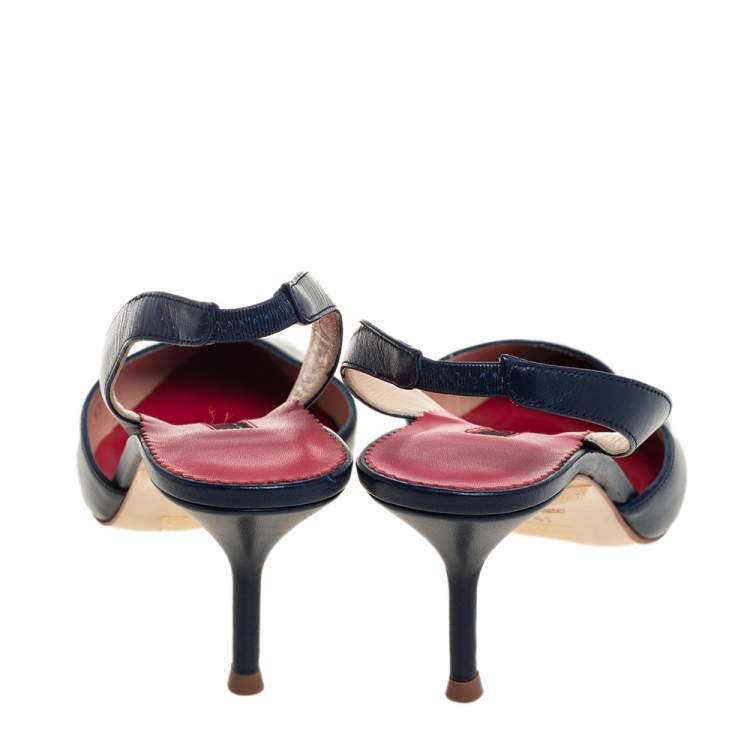 Pre Owned Carolina Herrera Navy Blue Leather Slingback Pumps Size 41
