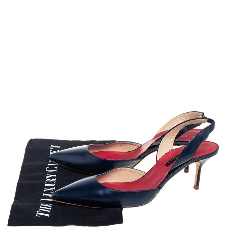 Pre Owned Carolina Herrera Navy Blue Leather Slingback Pumps Size 41