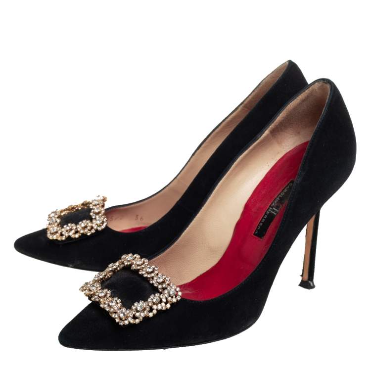 Pre Owned Carolina Herrera Black Suede Crystal Embellished Pointed Toe Pumps Size 36