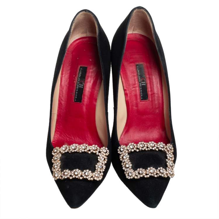 Pre Owned Carolina Herrera Black Suede Crystal Embellished Pointed Toe Pumps Size 36