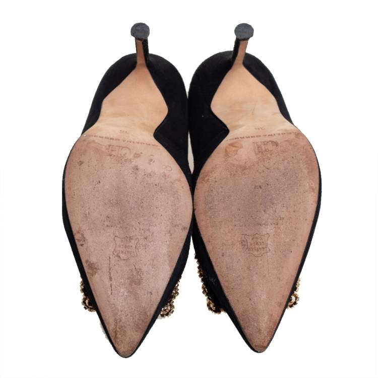 Pre Owned Carolina Herrera Black Suede Crystal Embellished Pointed Toe Pumps Size 36