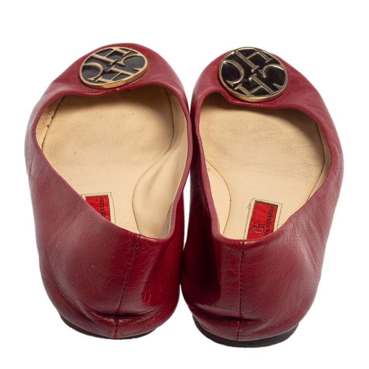 Pre Owned CH Carolina Herrera Red Leather Logo Ballet Flats Size 37