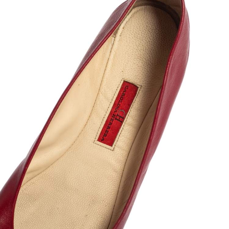 Pre Owned CH Carolina Herrera Red Leather Logo Ballet Flats Size 37