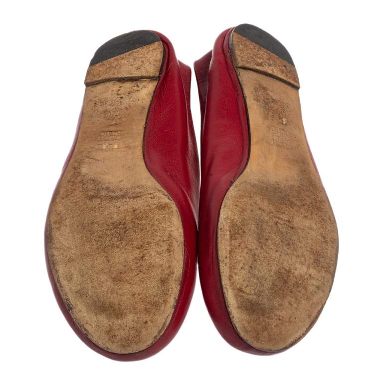 Pre Owned CH Carolina Herrera Red Leather Logo Ballet Flats Size 37