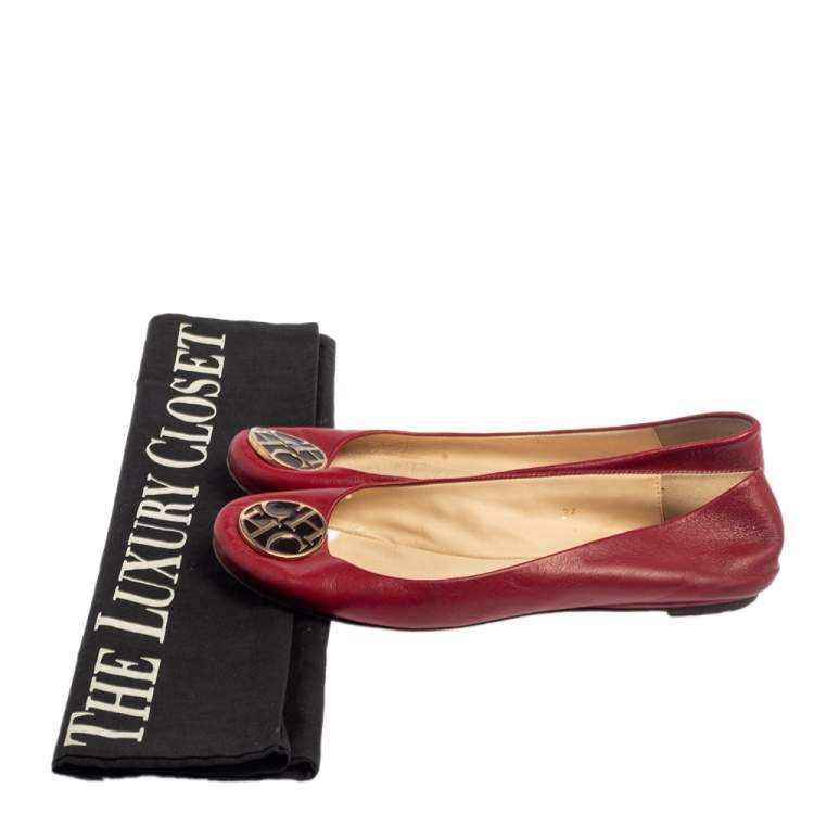 Pre Owned CH Carolina Herrera Red Leather Logo Ballet Flats Size 37