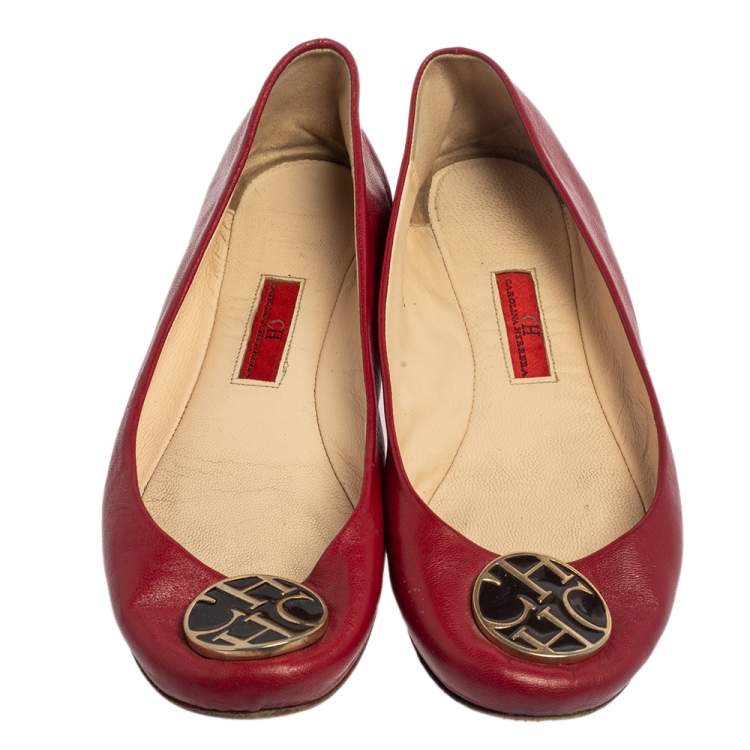 Pre Owned CH Carolina Herrera Red Leather Logo Ballet Flats Size 37