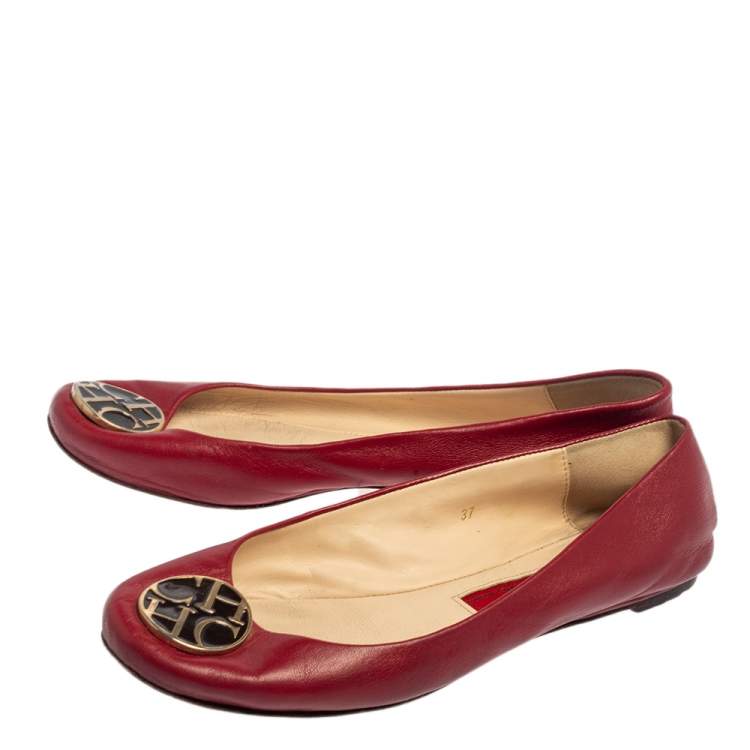 Pre Owned CH Carolina Herrera Red Leather Logo Ballet Flats Size 37