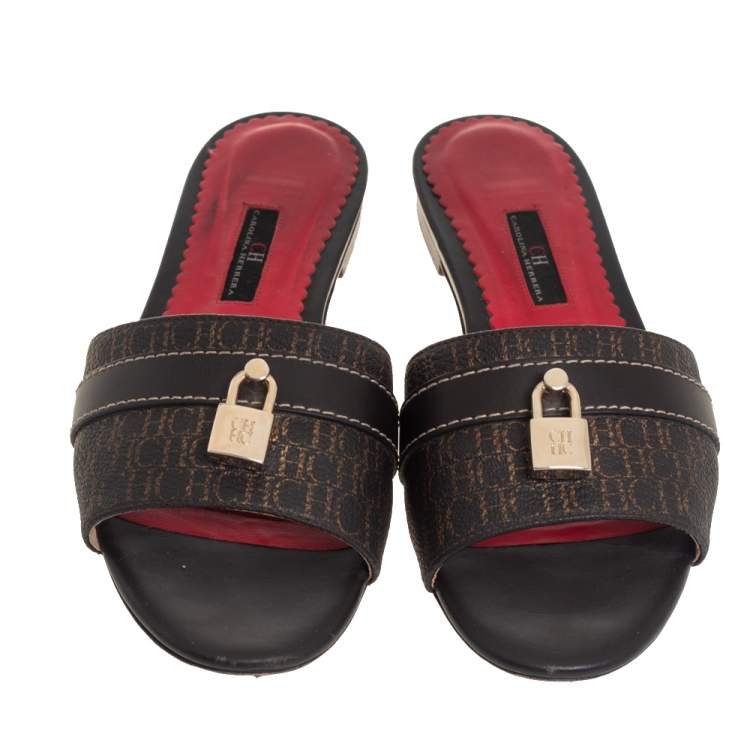 Pre Owned Carolina Herrera Brown Signature Canvas Lock Flat Slides Size 39