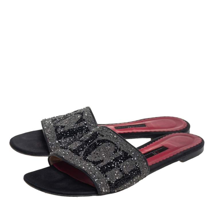 Pre Owned Carolina Herrera Grey/Black Glitter Crystal Embellished  Slides Sandals Size 40 