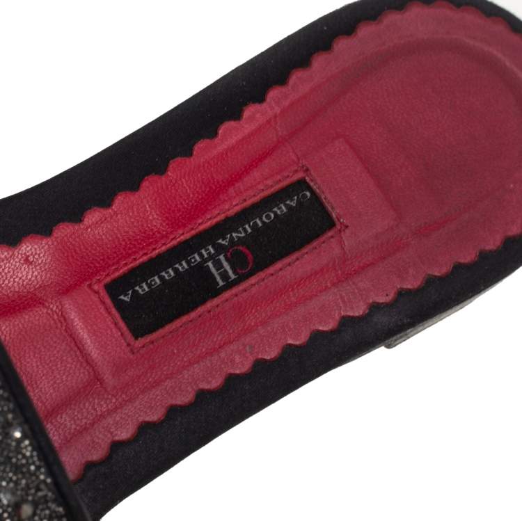 Pre Owned Carolina Herrera Grey/Black Glitter Crystal Embellished  Slides Sandals Size 40 