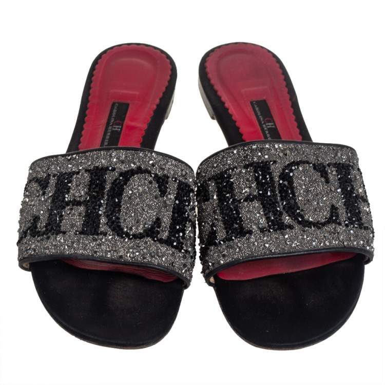 Pre Owned Carolina Herrera Grey/Black Glitter Crystal Embellished  Slides Sandals Size 40 