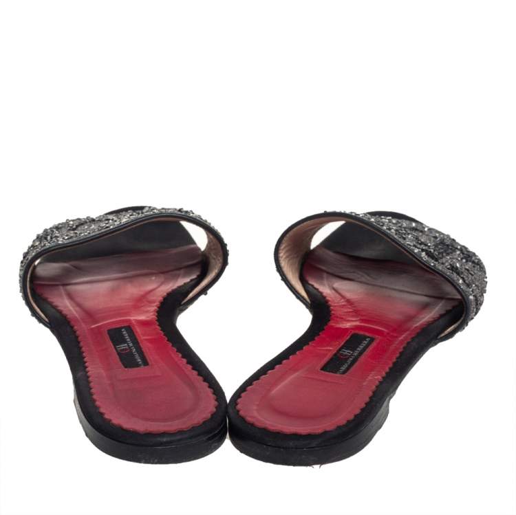 Pre Owned Carolina Herrera Grey/Black Glitter Crystal Embellished  Slides Sandals Size 40 