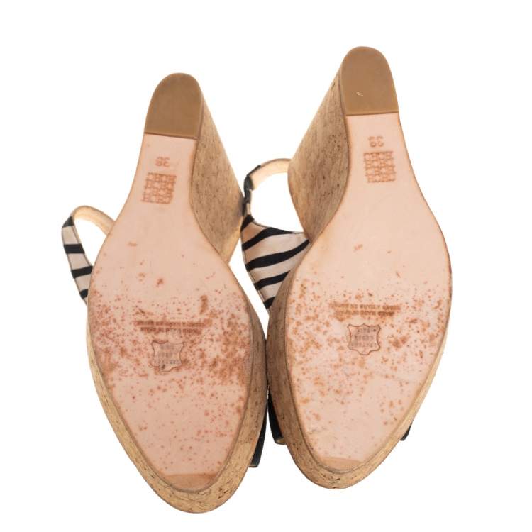 Pre Owned CH Carolina Herrera Black/White Fabric And Suede Cork Wedge Platform Peep Toe Slingback Sandals Size 38
