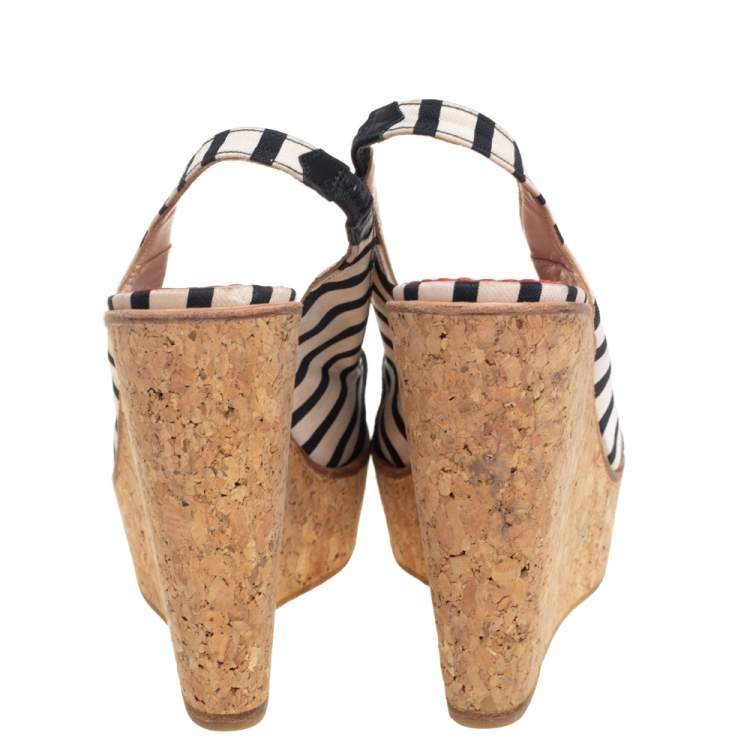 Pre Owned CH Carolina Herrera Black/White Fabric And Suede Cork Wedge Platform Peep Toe Slingback Sandals Size 38