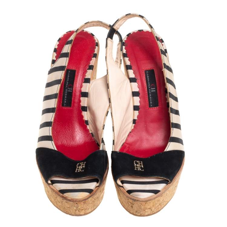 Pre Owned CH Carolina Herrera Black/White Fabric And Suede Cork Wedge Platform Peep Toe Slingback Sandals Size 38