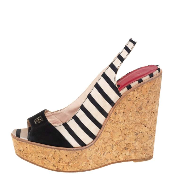 Pre Owned CH Carolina Herrera Black/White Fabric And Suede Cork Wedge Platform Peep Toe Slingback Sandals Size 38