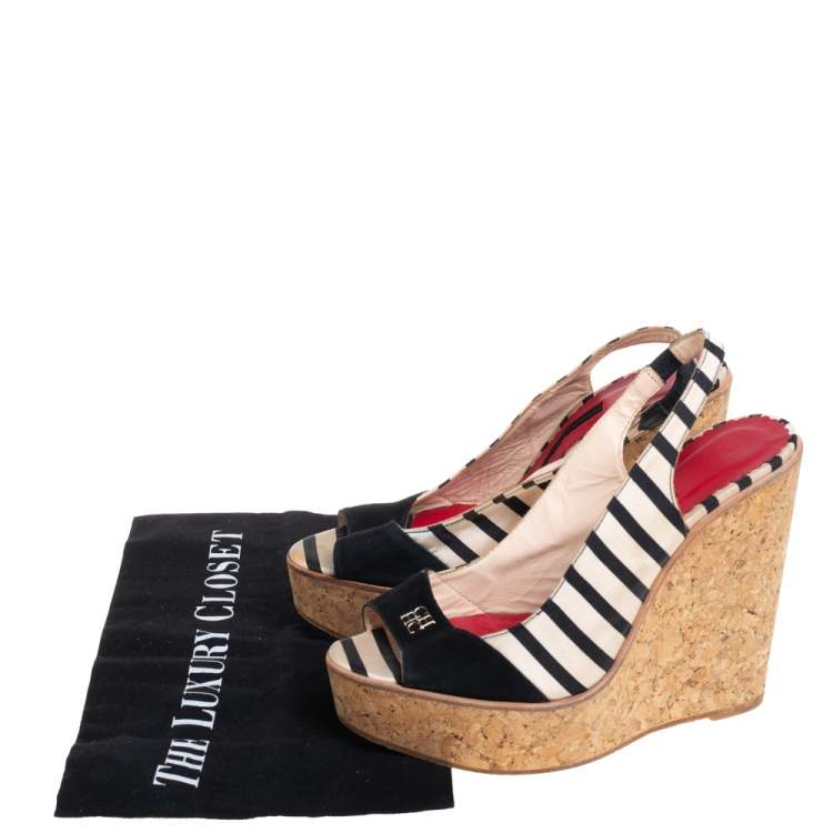 Pre Owned CH Carolina Herrera Black/White Fabric And Suede Cork Wedge Platform Peep Toe Slingback Sandals Size 38