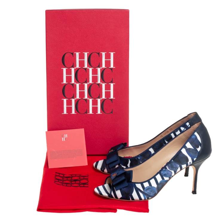 Pre Owned Carolina Herrera Blue/White Satin And Leather Bow Peep Toe Pumps Size 38