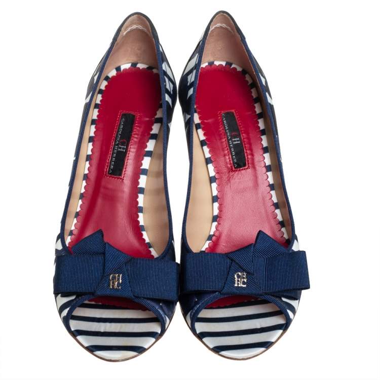 Pre Owned Carolina Herrera Blue/White Satin And Leather Bow Peep Toe Pumps Size 38