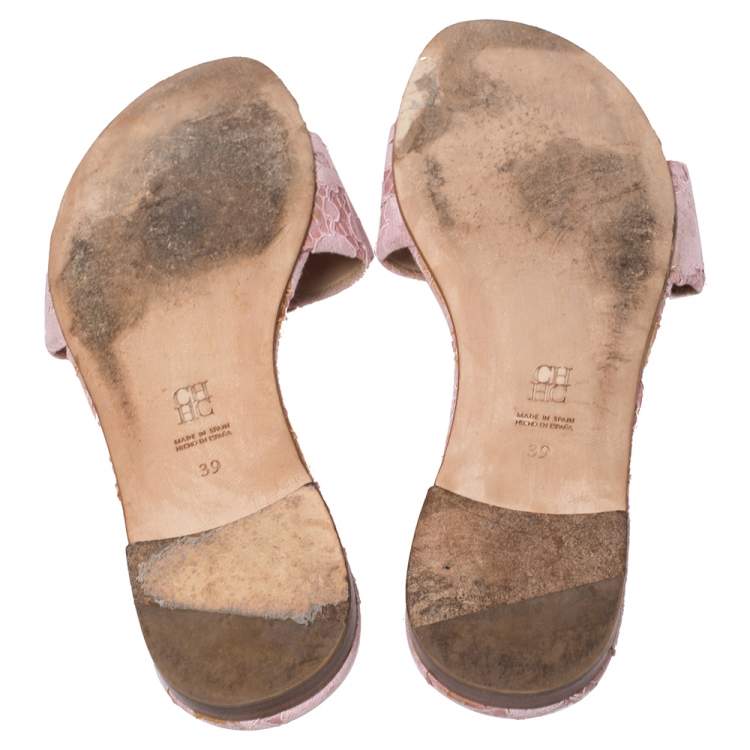 Pre Owned Carolina Herrera Pink Satin And Lace  Bow Slide Sandals Size 39