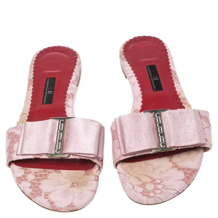 Pre Owned Carolina Herrera Pink Satin And Lace  Bow Slide Sandals Size 39