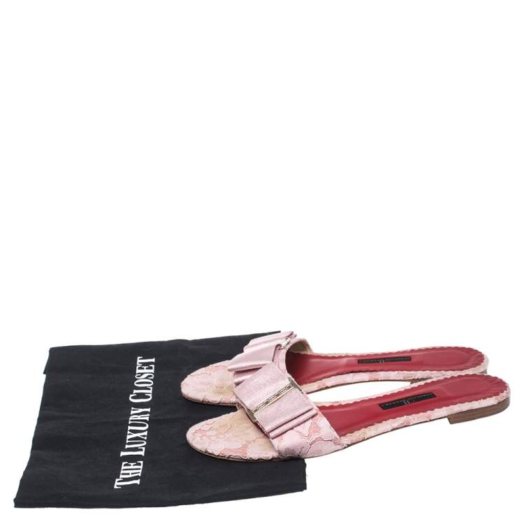 Pre Owned Carolina Herrera Pink Satin And Lace  Bow Slide Sandals Size 39