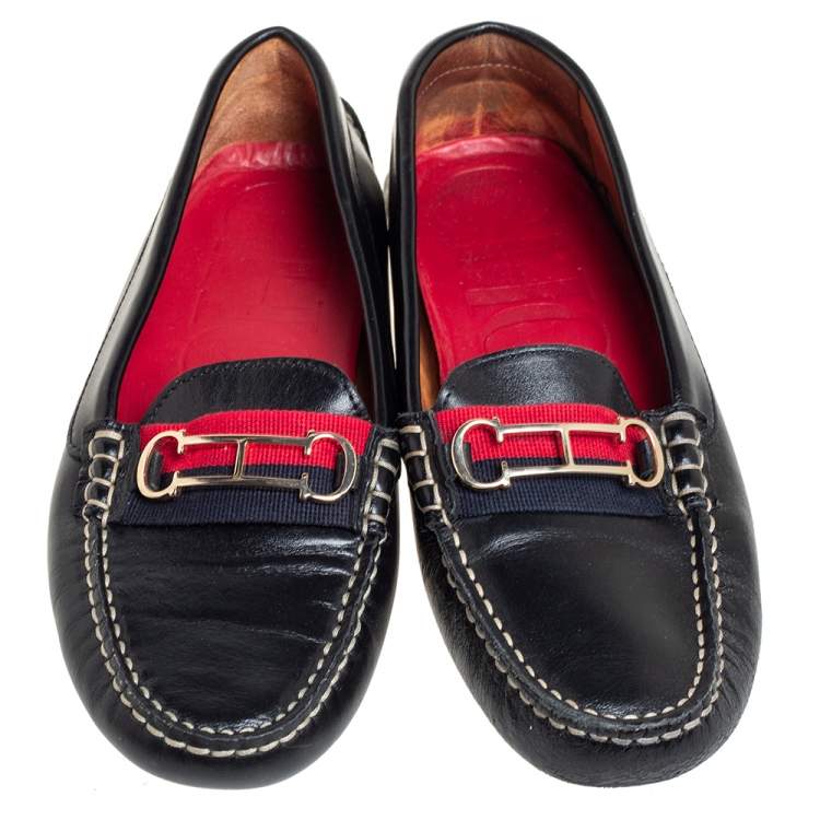 Pre Owned Carolina Herrera Black Leather Initials Cut-Out Slip On Loafers Size 38