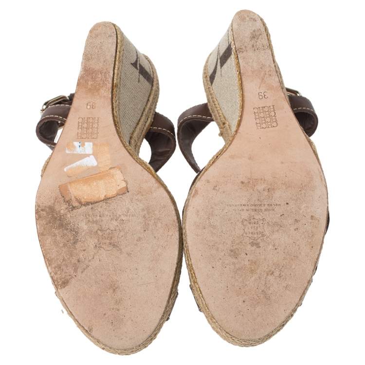 Pre Owned Carolina Herrera Brown Leather and Canvas Espadrille Wedge  Ankle Strap Sandals Size 39