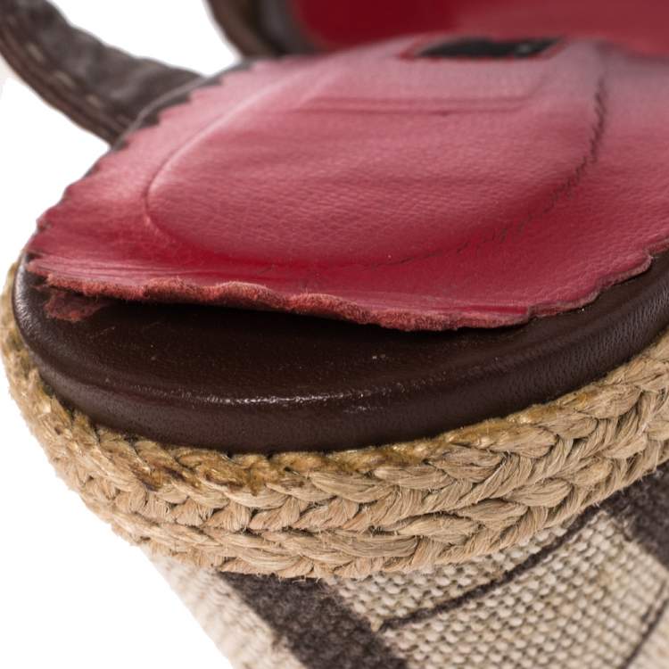 Pre Owned Carolina Herrera Brown Leather and Canvas Espadrille Wedge  Ankle Strap Sandals Size 39