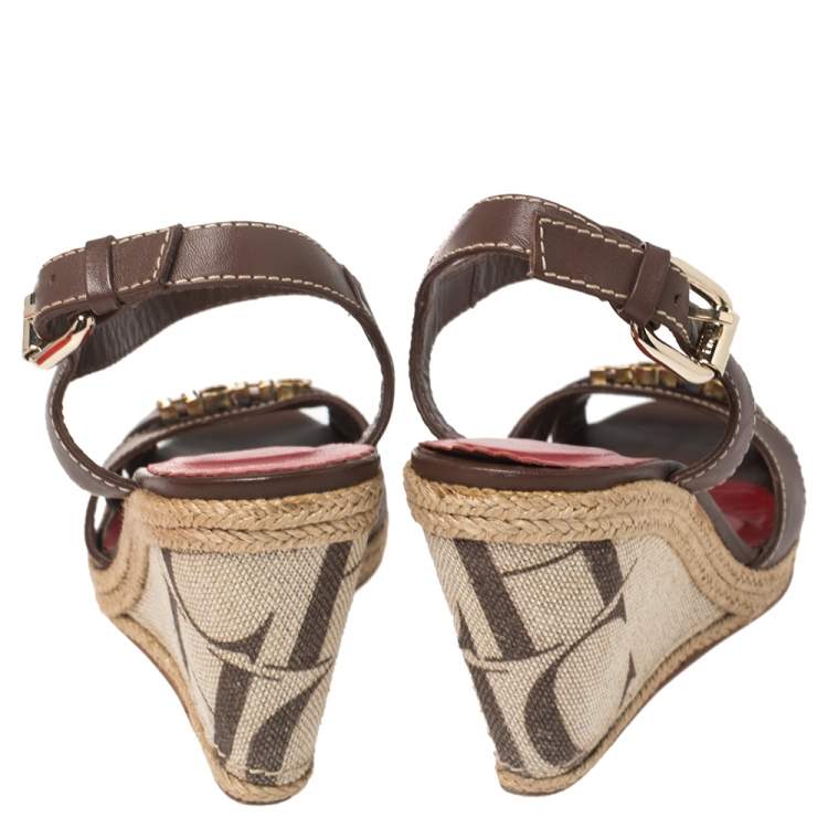 Pre Owned Carolina Herrera Brown Leather and Canvas Espadrille Wedge  Ankle Strap Sandals Size 39