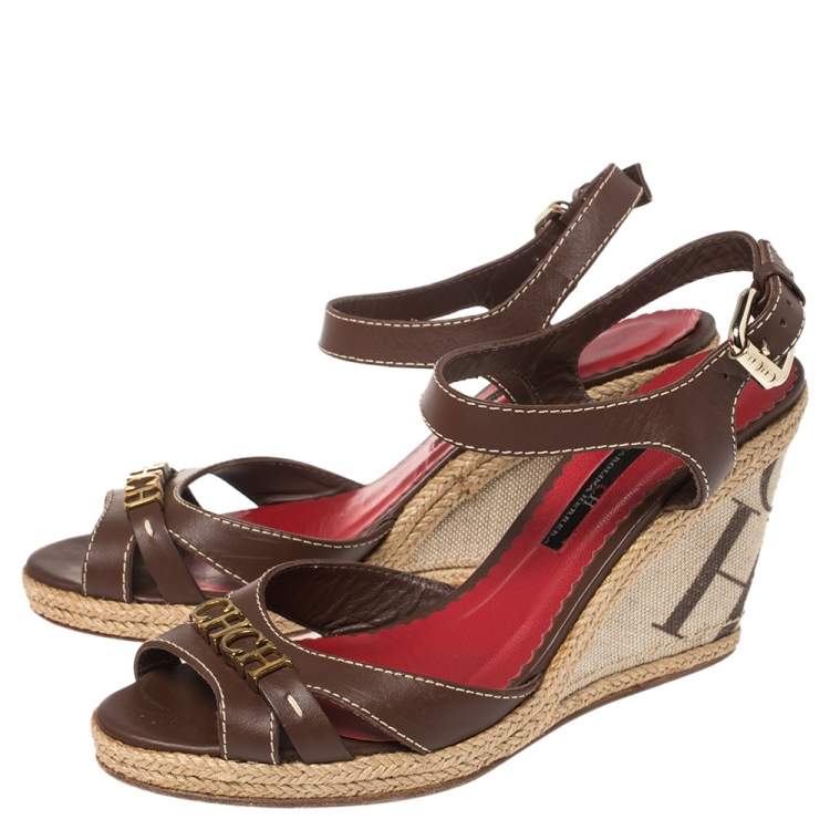Pre Owned Carolina Herrera Brown Leather and Canvas Espadrille Wedge  Ankle Strap Sandals Size 39