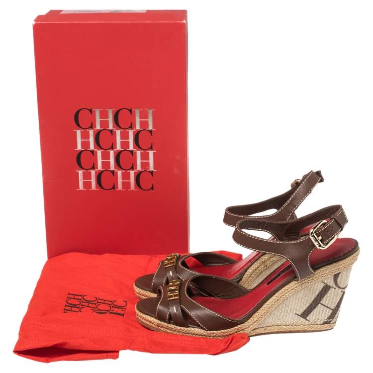 Pre Owned Carolina Herrera Brown Leather and Canvas Espadrille Wedge  Ankle Strap Sandals Size 39