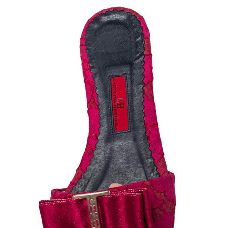 Pre Owned Carolina Herrera Pink Satin And Lace Bow Flat Slides Size 38