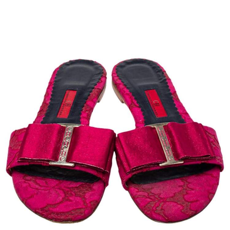 Pre Owned Carolina Herrera Pink Satin And Lace Bow Flat Slides Size 38