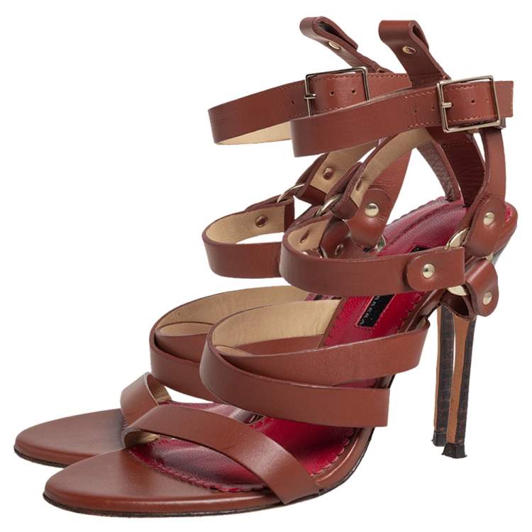 Pre Owned Caroline Herrera Brown Leather Ankle Strap Sandals Size 37