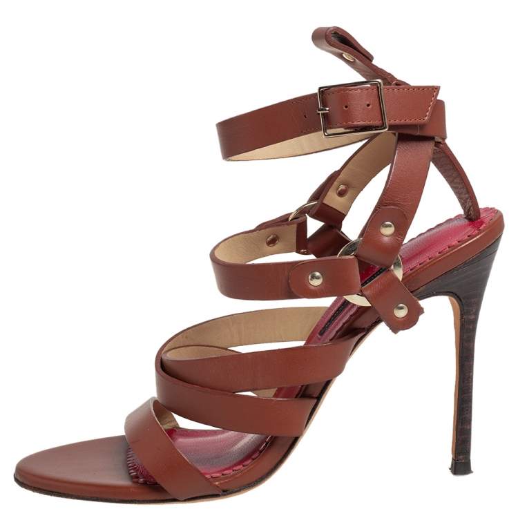 Pre Owned Caroline Herrera Brown Leather Ankle Strap Sandals Size 37