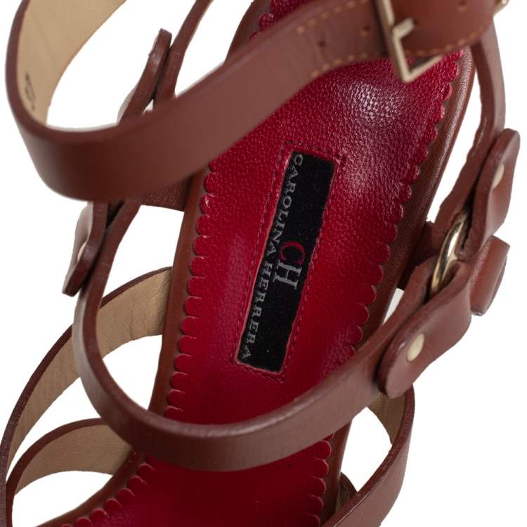 Pre Owned Caroline Herrera Brown Leather Ankle Strap Sandals Size 37